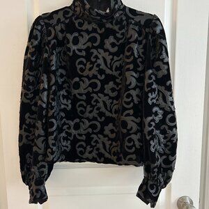 Zara Velvet Baroque/Gothic Appliqué Blouse with Funnel Neck Detail SZ XS